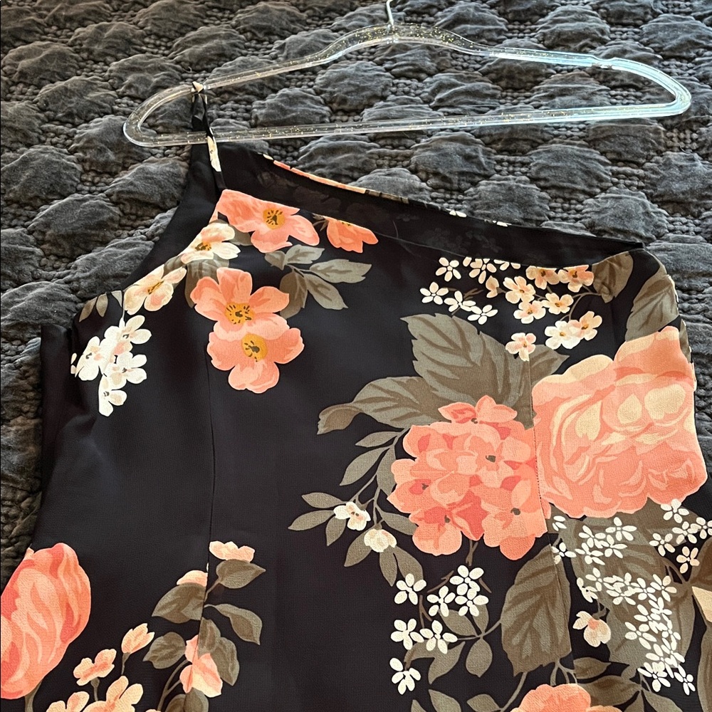Reformation Black Floral Midi Dress, one shoulder